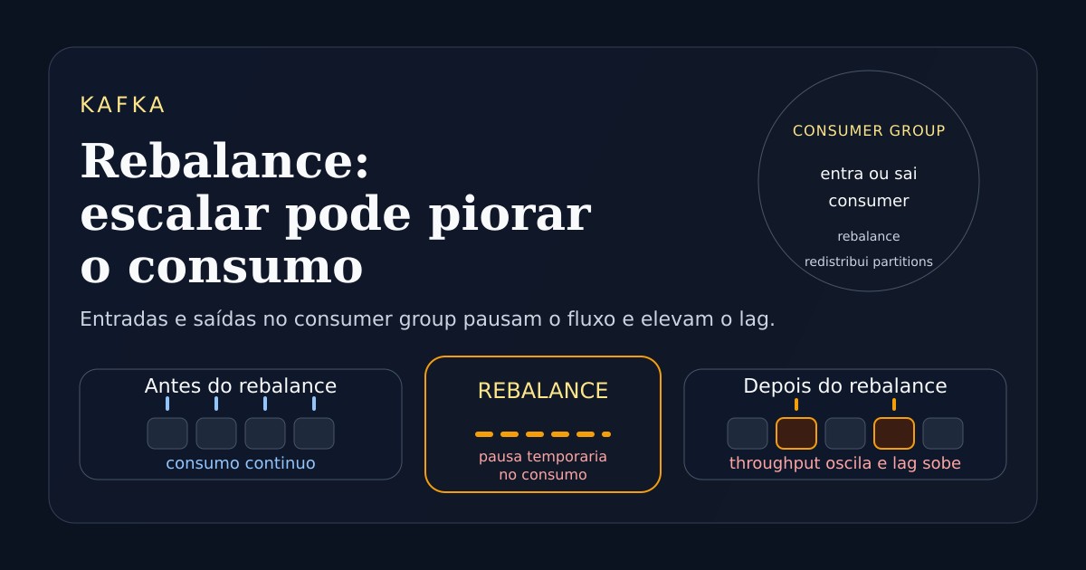 Ilustração técnica sobre rebalance, pausa no consumo e instabilidade de throughput no Kafka.